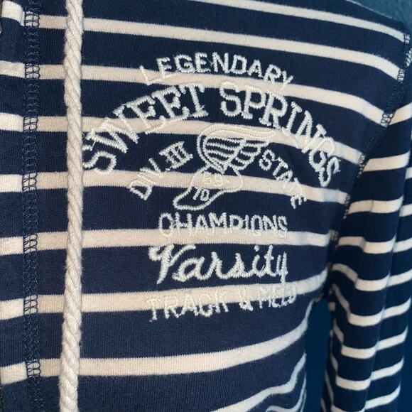 Lucky Brand Navy Blue Striped Zip Up Embroidered Knit Track Hoodie Size Large - Picture 5 of 8